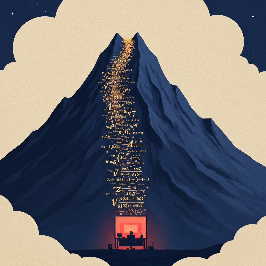 An avalanche of glowing golden equations cascading down a dark mountain at night, a warm-lit terminal glowing at its base.
