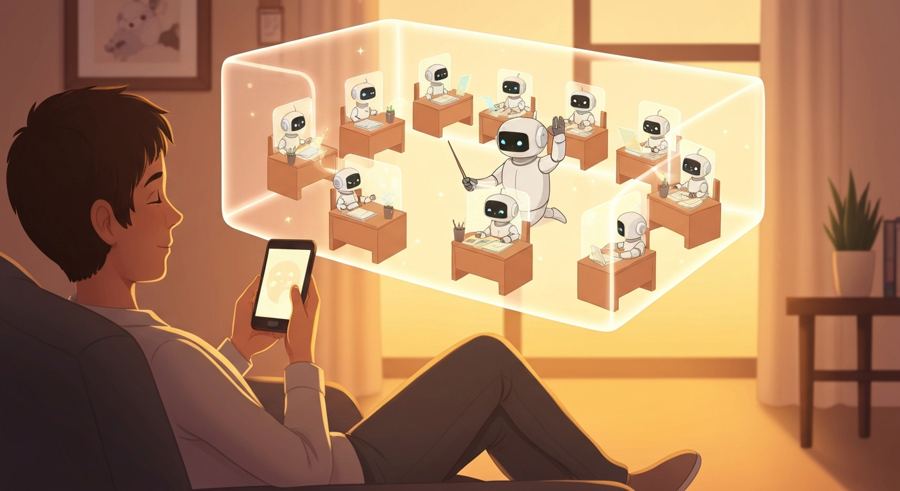 Illustration of a man relaxing on a couch with his phone, watching a translucent window full of small robots working at desks while one robot conducts them.
