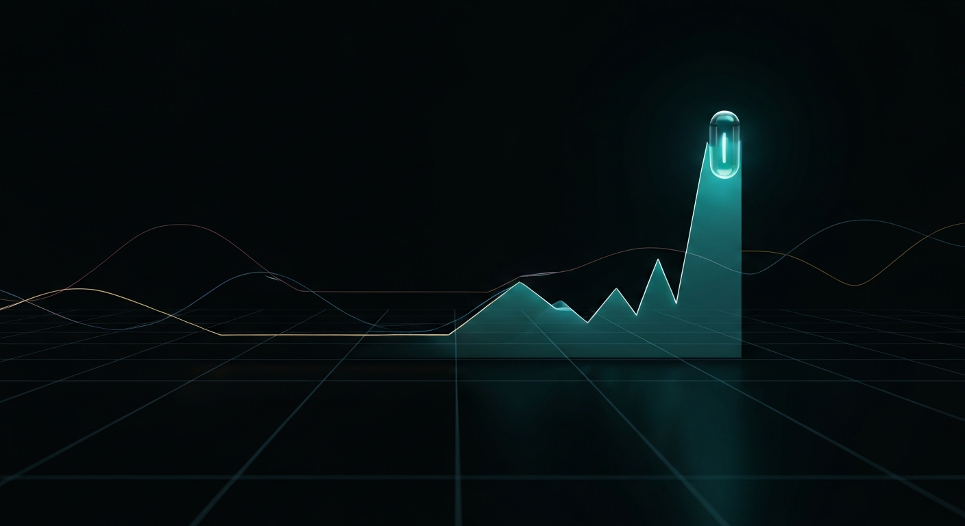 Abstract visualization of a single glowing teal price line spiking above a field of calm data noise, its peak sealed inside a translucent glass capsule of light.