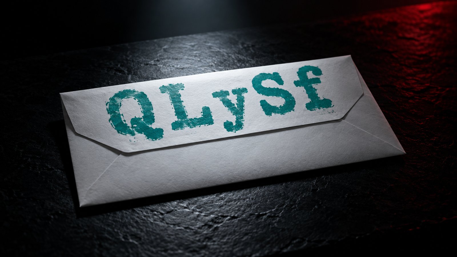A white envelope under a single cold spotlight on a dark slate desk, five large teal stamped characters across its flap, a red glow at the far edge of the desk.
