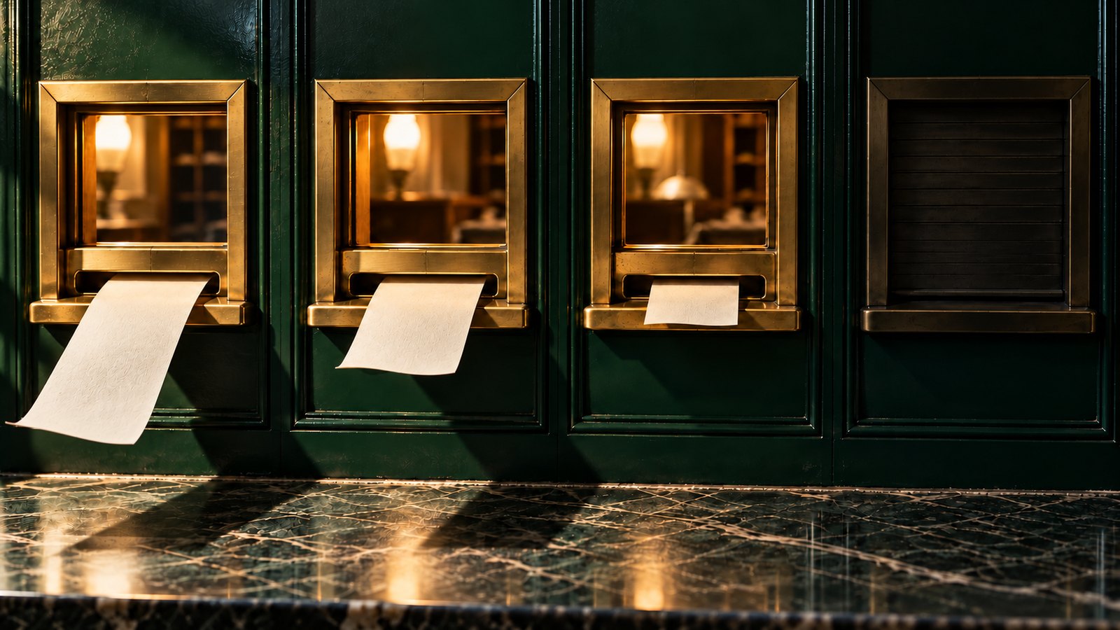 A row of four brass teller windows in a dark green wall. Three are lit and push out paper slips of different lengths. The fourth is dark, its shutter down.