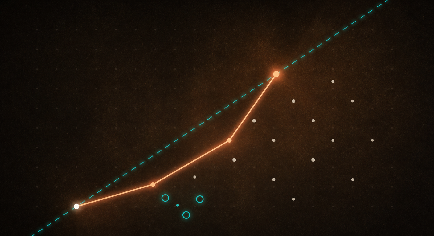 A dark geometric composition: a lattice staircase polygon glowing in coral with a diagonal grading line sweeping across it, teal residue circles orbiting one vertex.