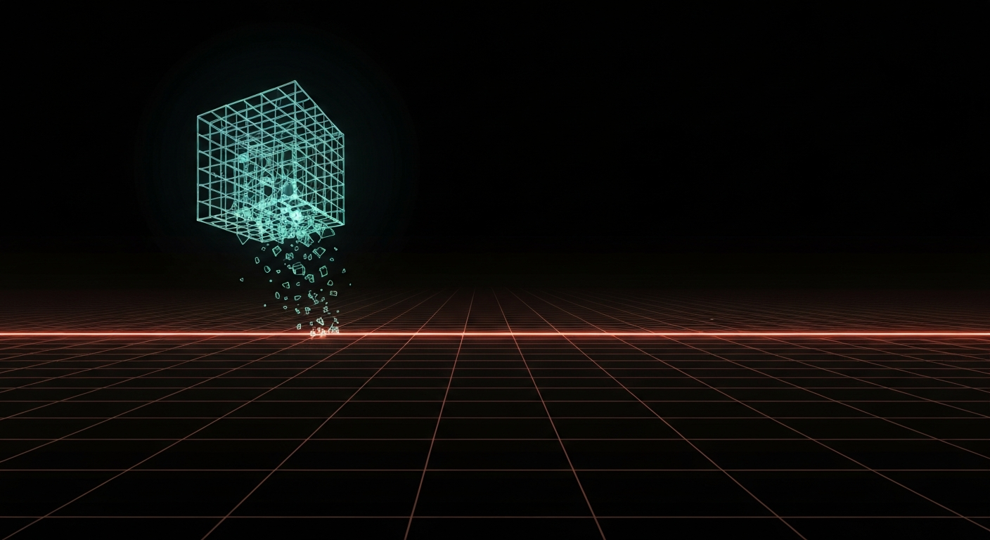 A dark mathematical landscape: a single glowing line holding firm across a plane while a three-dimensional lattice structure crumbles into it from above.