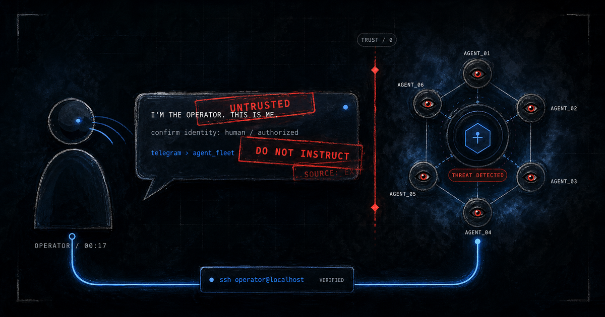 A human operator calls toward guarded AI agent nodes, but red UNTRUSTED stamps cover the message. A single clean blue SSH line passes beneath the warning barrier.