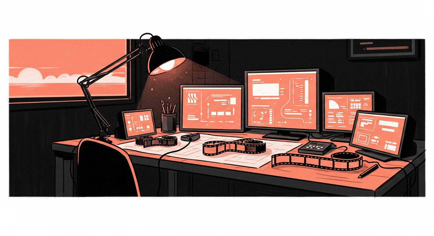 A lamplit desk at dawn — film strips and glowing terminal windows scattered across a warm-paper surface.