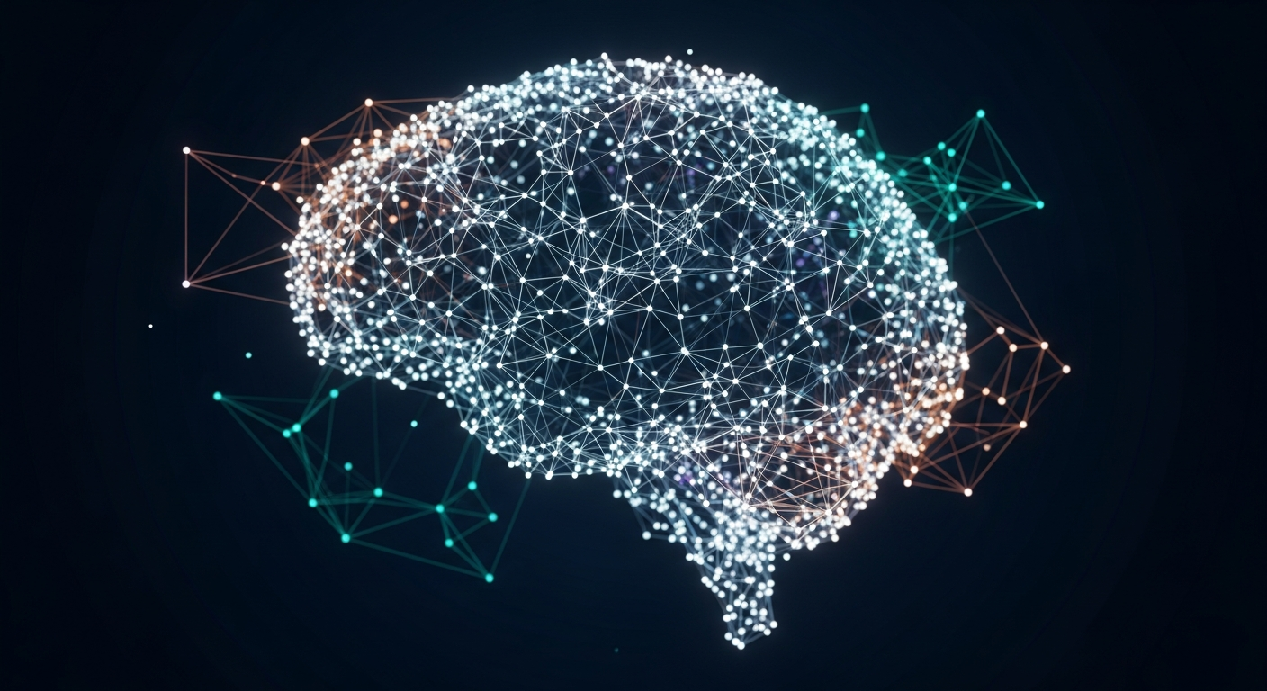 An abstract glowing knowledge graph — luminous nodes and threads of light forming a brain-like constellation on a deep blue background.