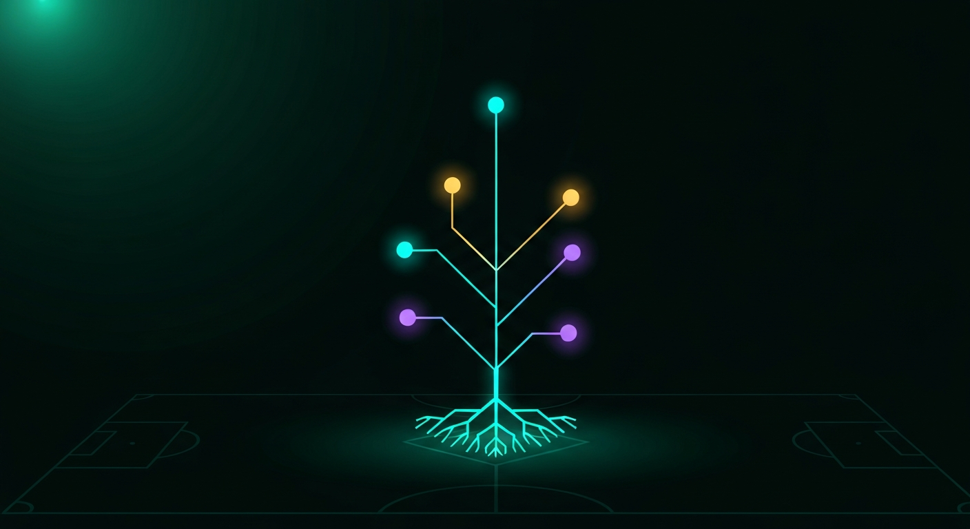 An abstract glowing Merkle tree made of thin cyan, gold, and violet lines, rooted in a faint football-pitch outline on a deep near-black green background — light climbing toward one anchored point.